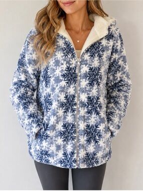 Country Woods Vintage 90s Snowflake Teddy Fleece Hooded Jacket Large Full Zip